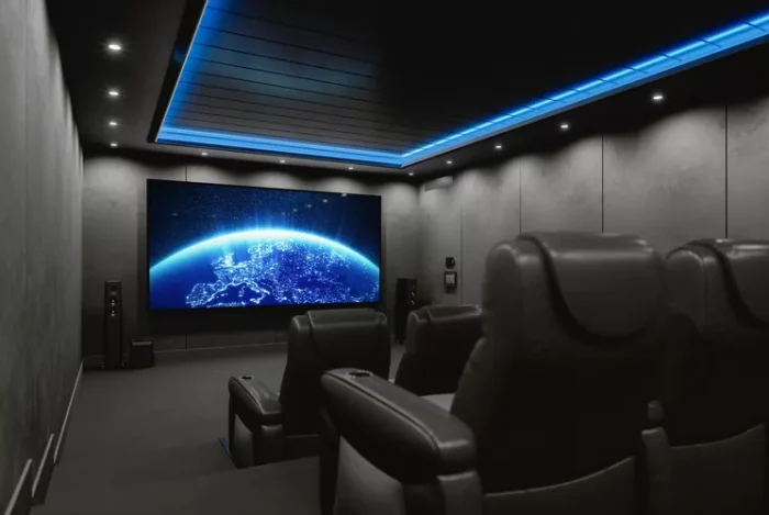 home theater with globe on screen
